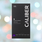 A black box of Caliber S - Snug Size Condoms (49mm Wide) in a blurred colorful lights background displays "Made to Fit" with six size options listed at the bottom.
